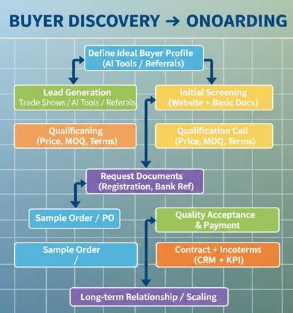 Buyer discovery to onboarding flowchart showing lead generation, verification, negotiation and onboarding