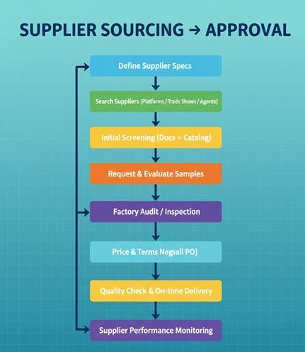 Supplier sourcing to approval flowchart showing screening, audits, sampling and approval